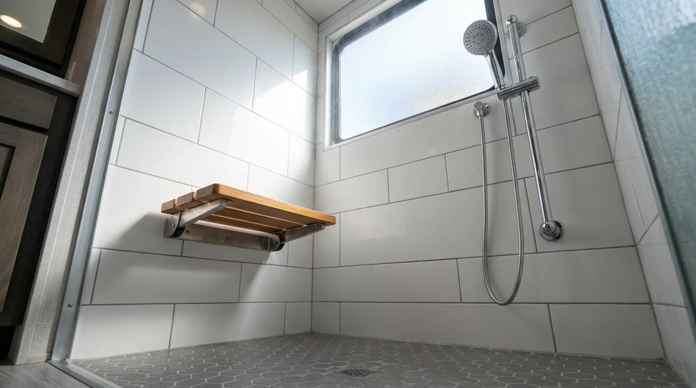 Low angle view of a modern RV bathroom with a fold-down teak shower seat.