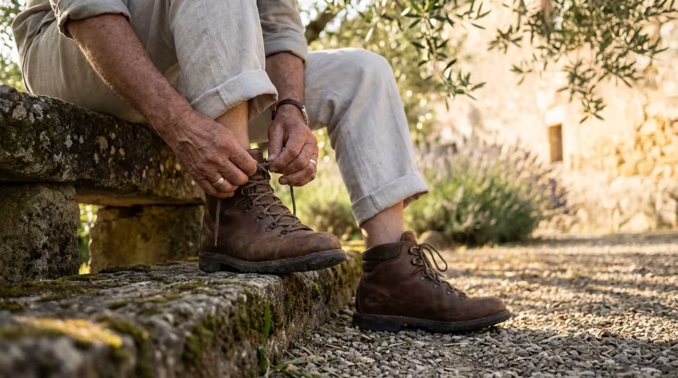 Low angle view of a senior man tying his comfortable walking shoes in a garden.