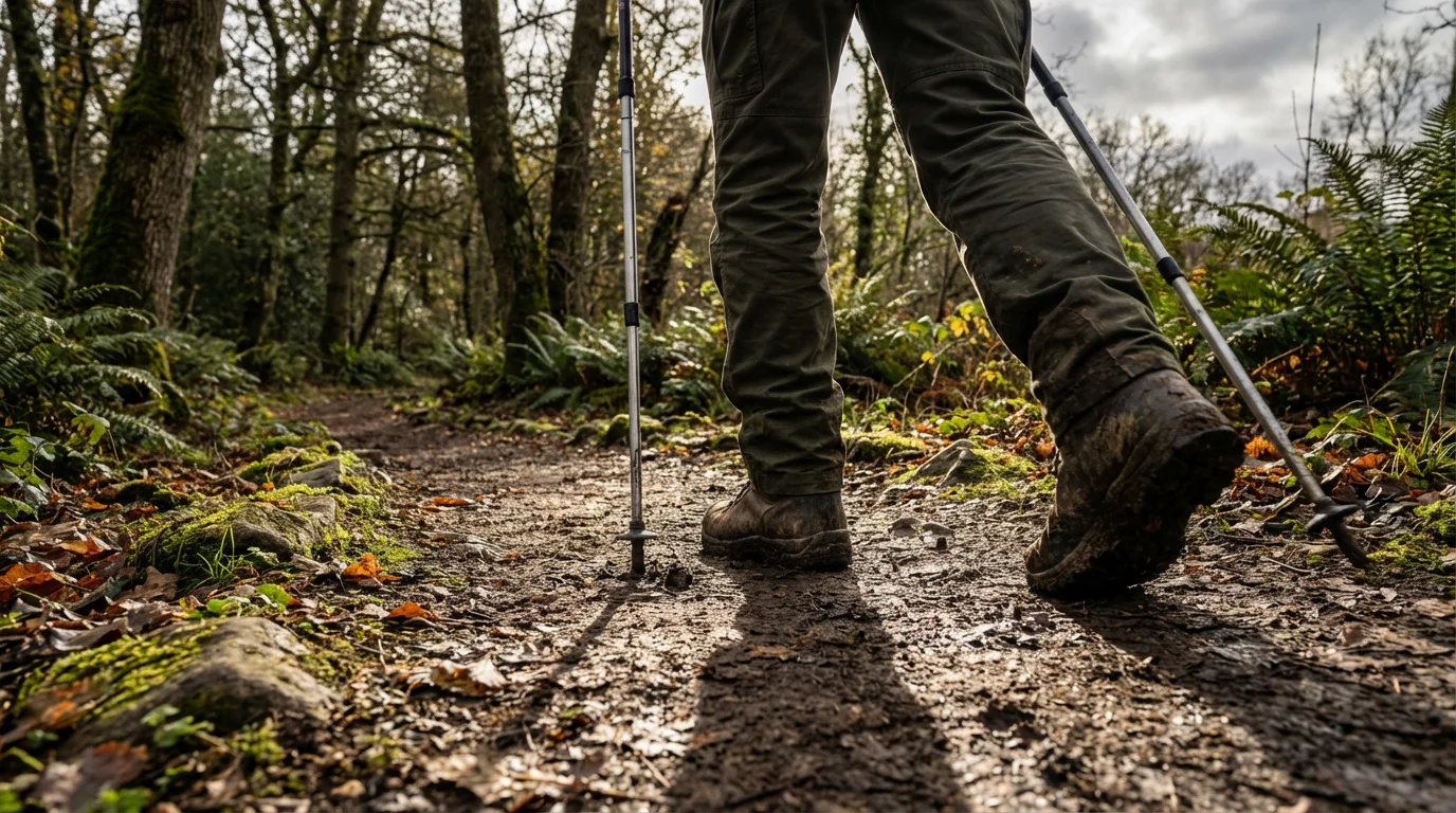 Low angle view of a senior man's legs and walking poles on a forest trail.