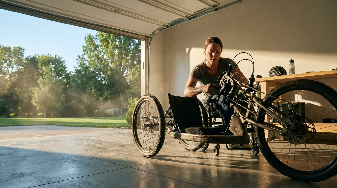 Low angle view of a woman in a wheelchair preparing her adaptive off-road handcycle.
