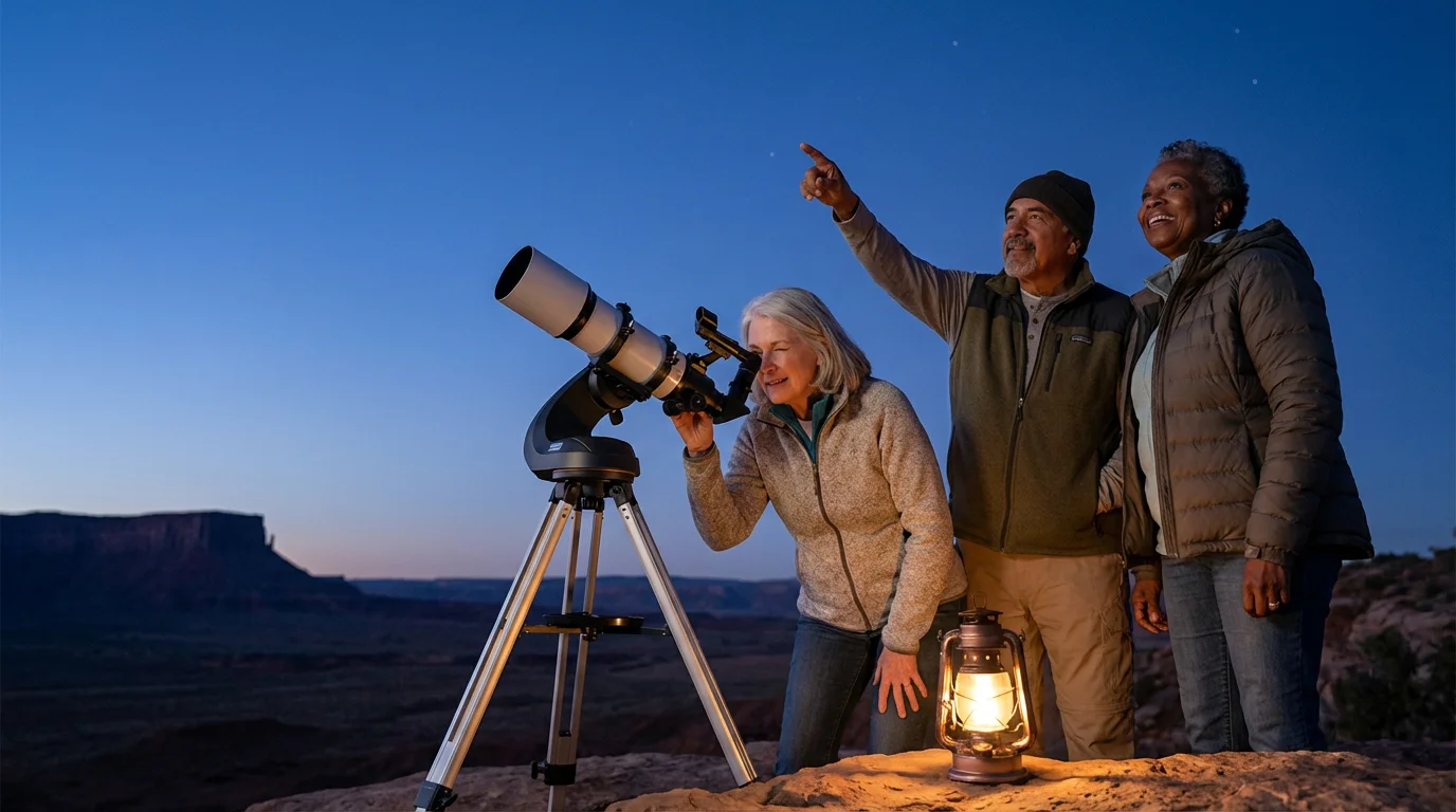 Low angle view of diverse seniors stargazing with a telescope at twilight.