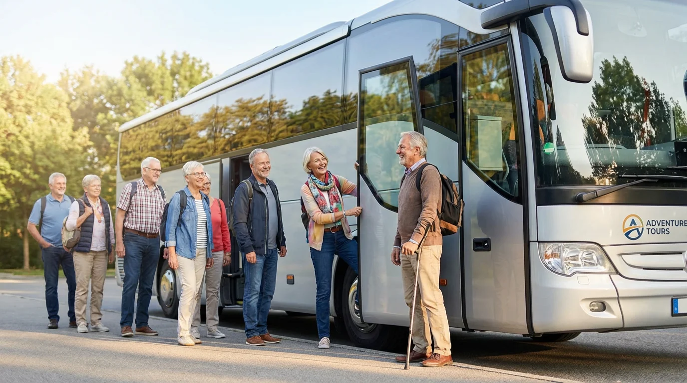 Low angle view of happy seniors with mobility aids boarding an accessible modern tour bus.