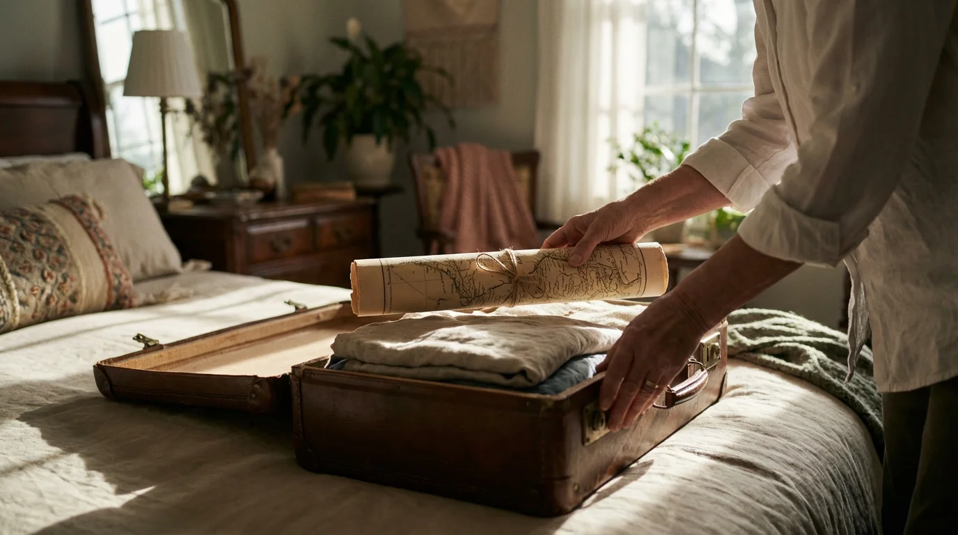 Low angle view of senior woman's hands packing a travel map into a suitcase.