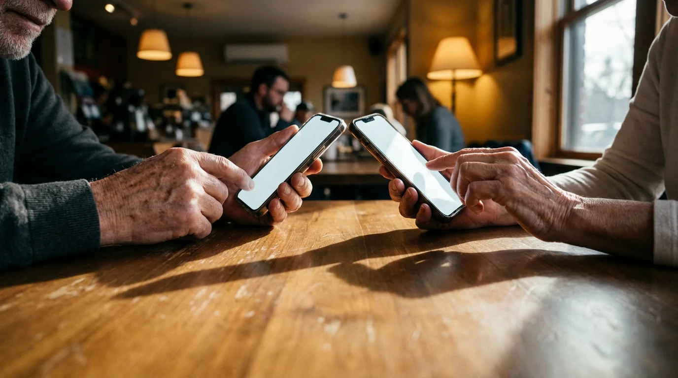 Low angle view of two seniors' hands holding smartphones, exchanging contact information.