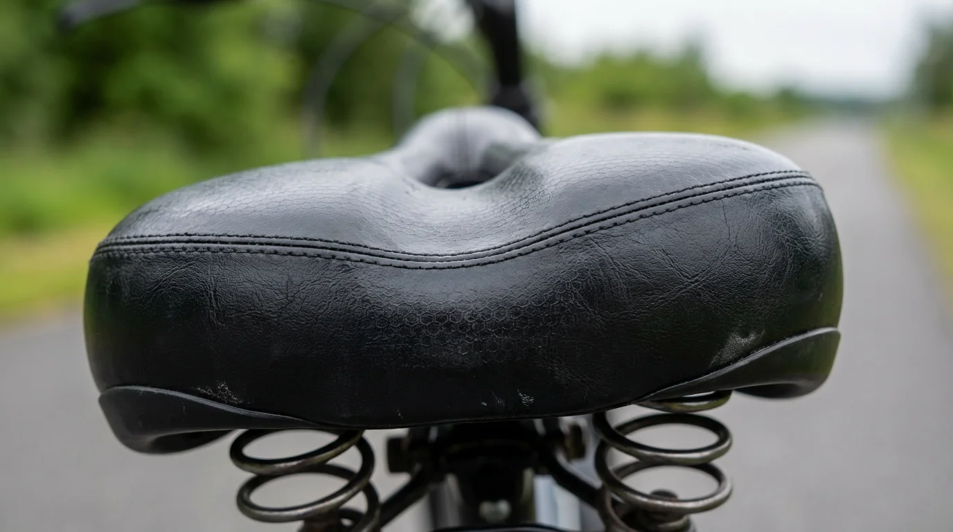 Macro detail of a wide, comfortable ergonomic bicycle seat on a paved path.
