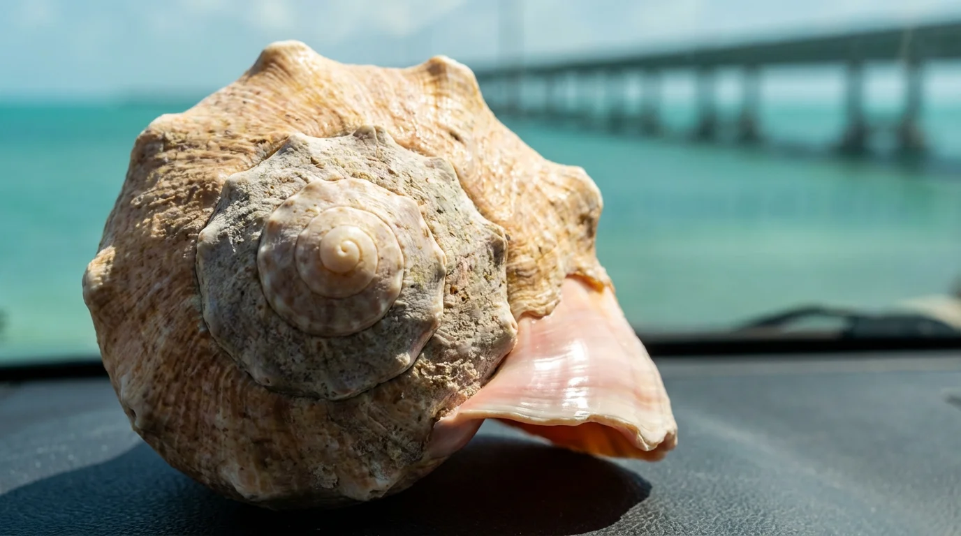 Macro photo of a conch shell on a car dashboard with Florida Keys bridge.
