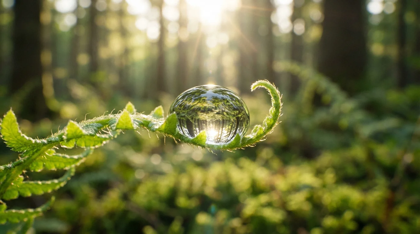 Macro photo of a dewdrop on a fern leaf reflecting a tiny forest inside.