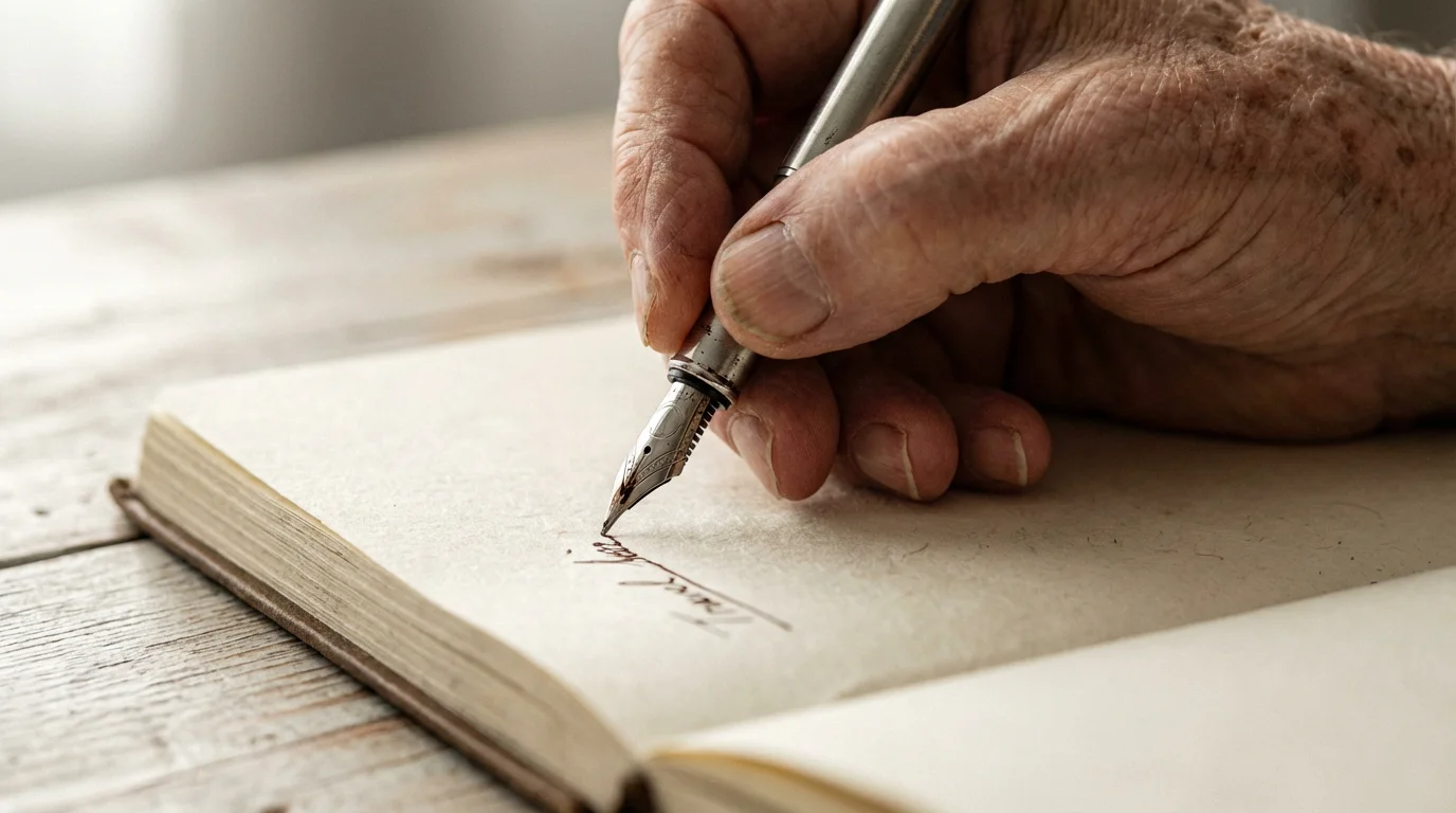 Macro photo of a senior's hand writing in a travel journal with a fountain pen.