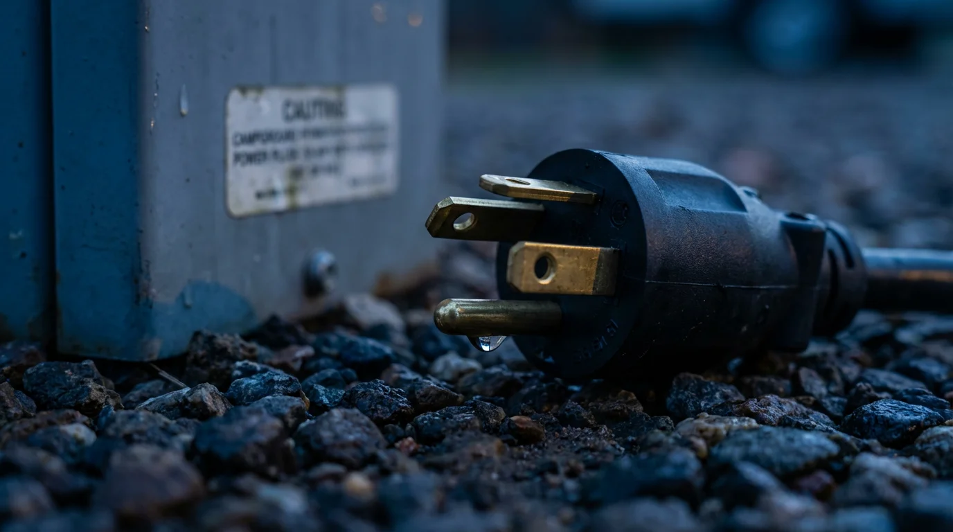 Macro photograph of a 30-amp RV shore power plug on gravel at twilight.