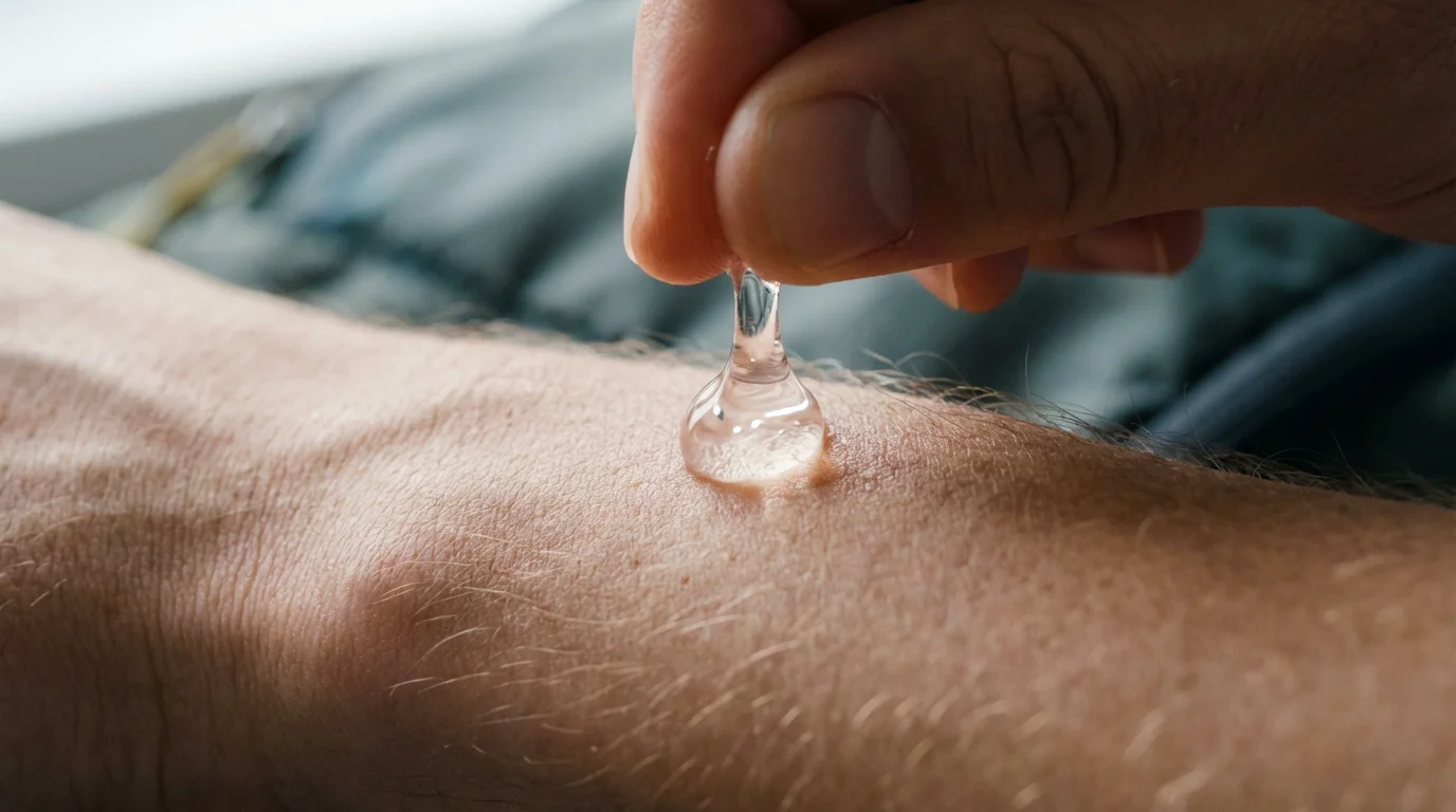 Macro photograph of a clear drop of protective travel gel on a person's arm.
