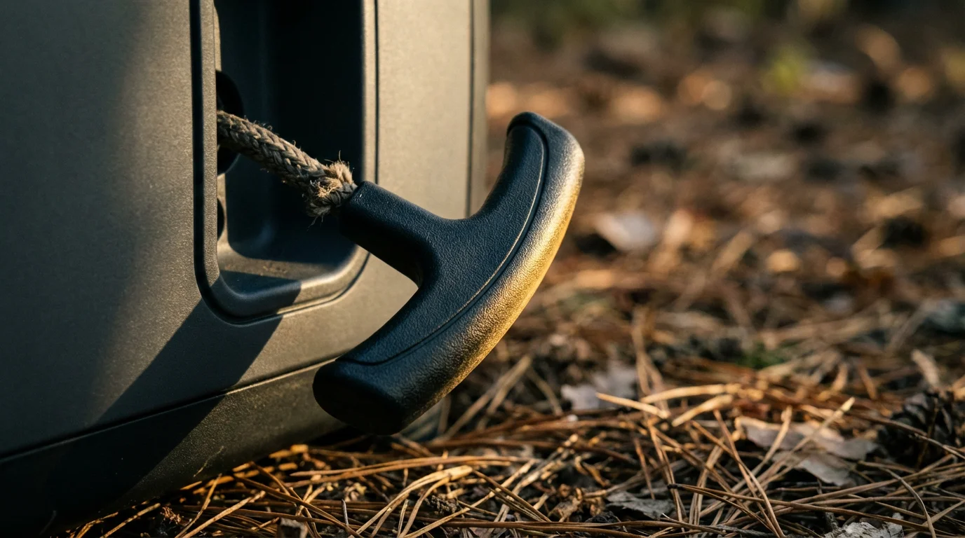Macro photograph of a portable generator's black recoil starter handle at a campsite.