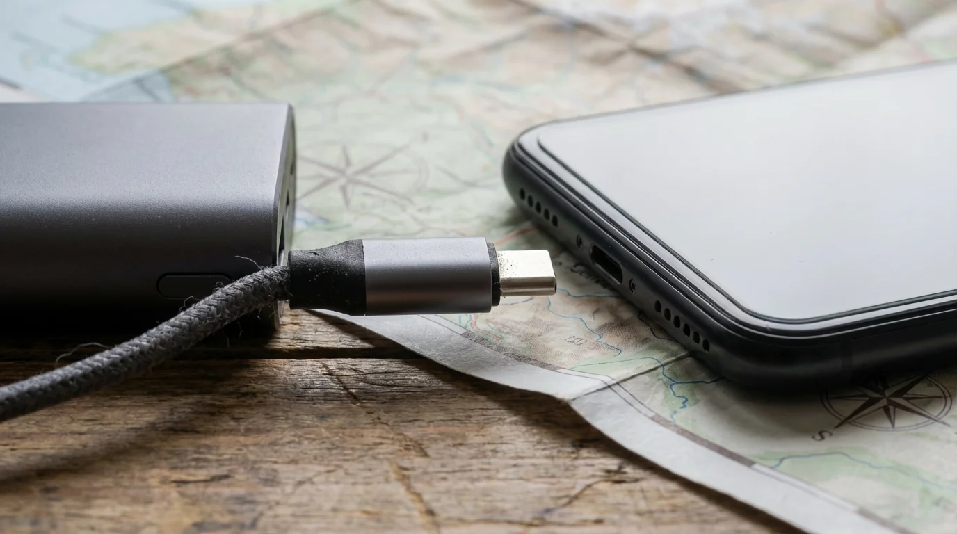Macro photograph of a portable power bank charging a smartphone on a travel map.