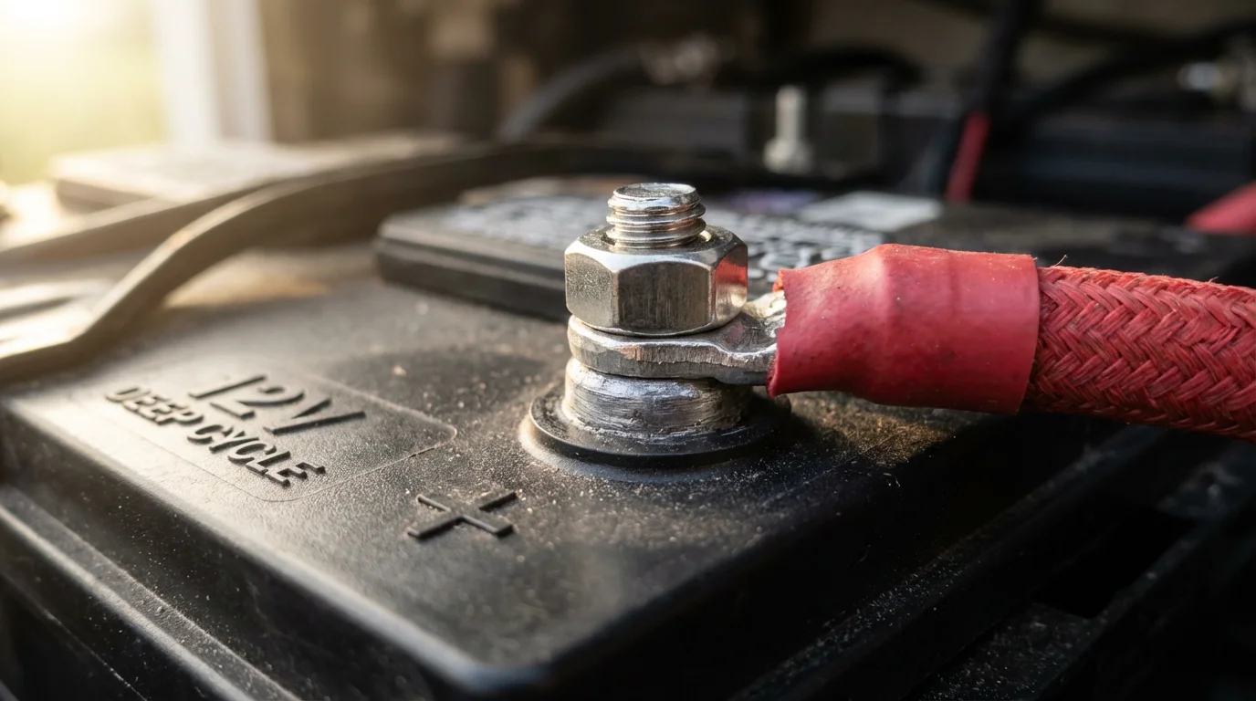 Macro photograph of a red cable securely connected to a deep-cycle RV battery terminal.