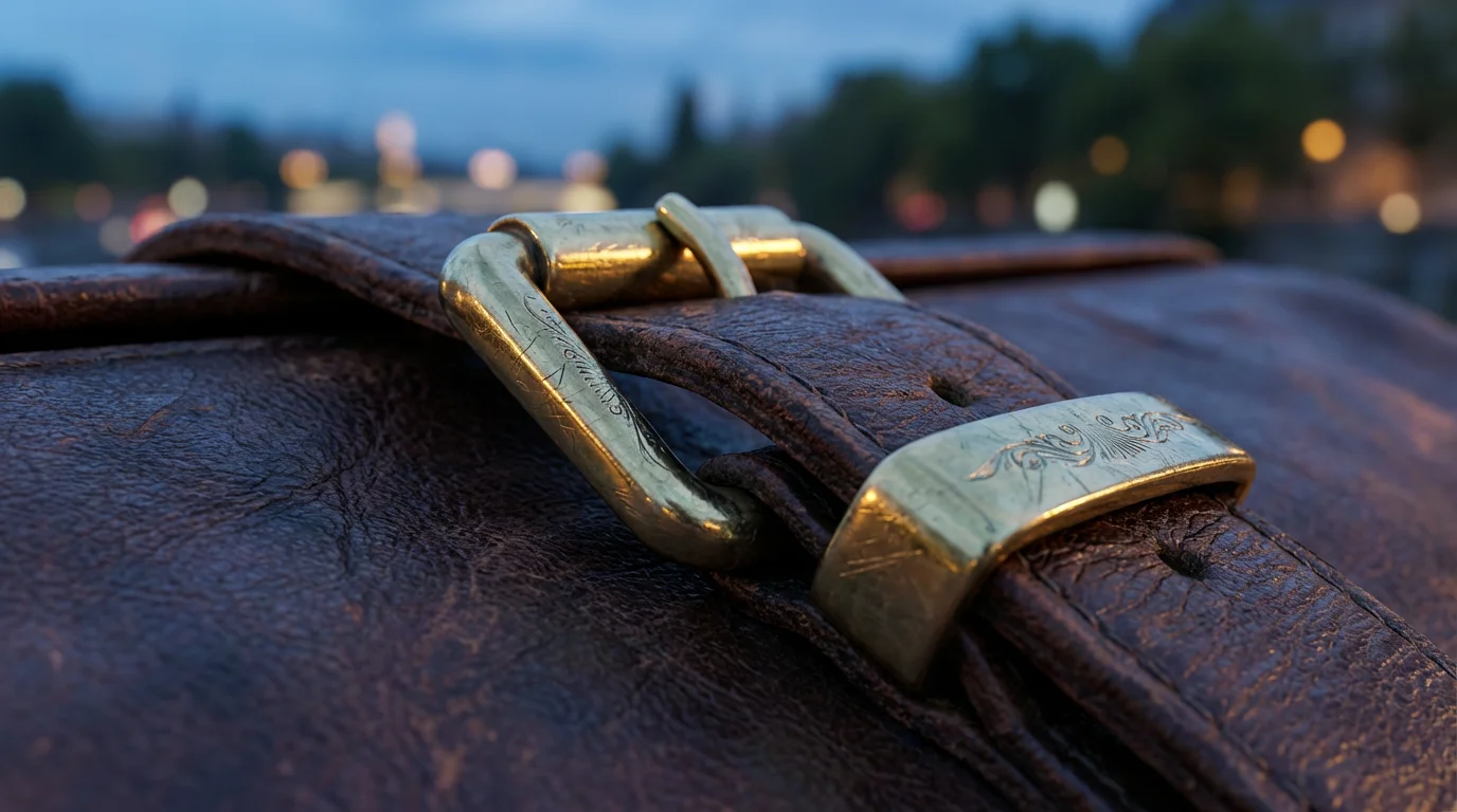 Macro photograph of a secure brass buckle on a leather travel bag at dusk.