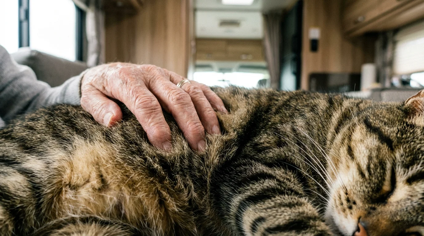 Macro photograph of a senior's hand gently petting a sleeping cat inside an RV.
