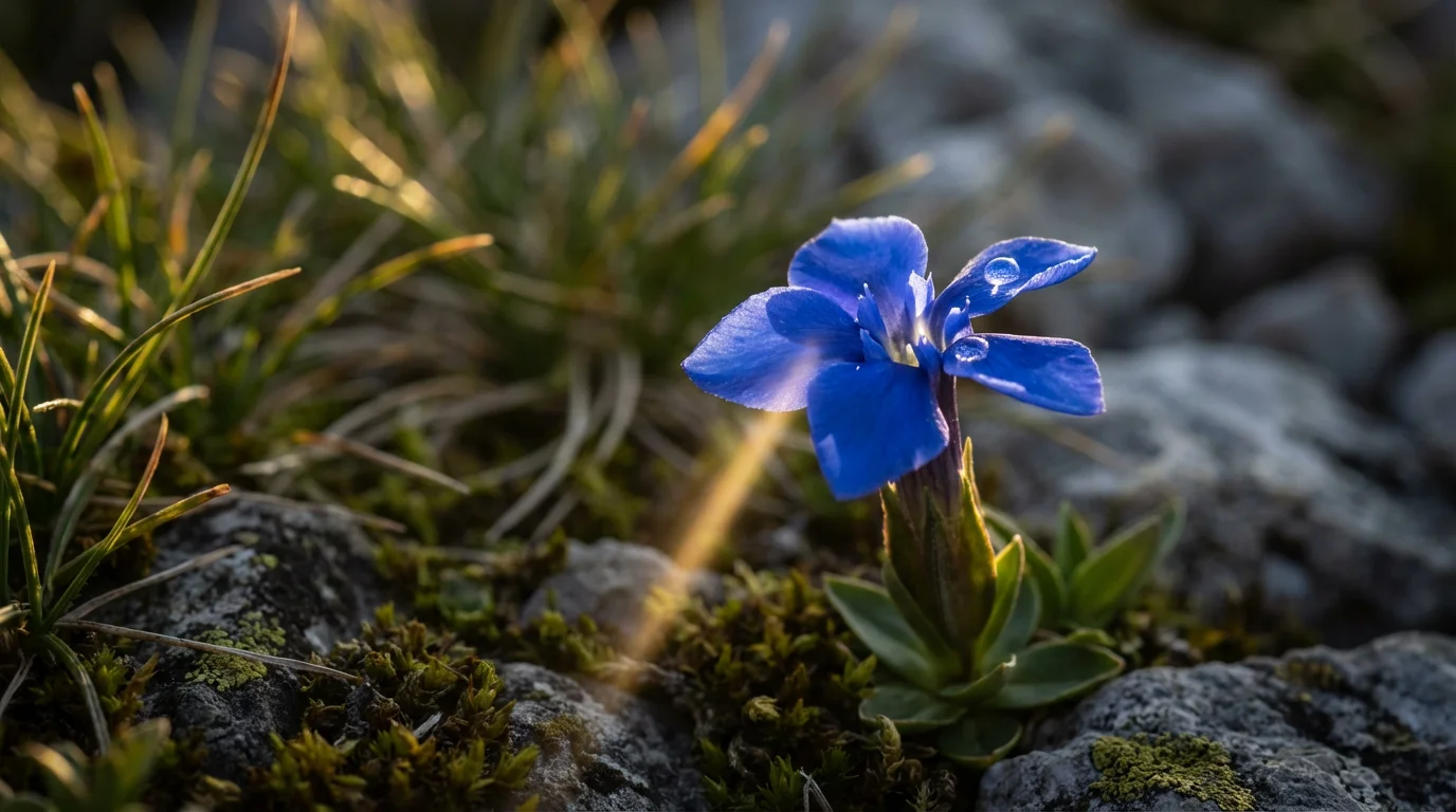 Macro photograph of a vibrant blue gentian flower in the Bavarian Alps.
