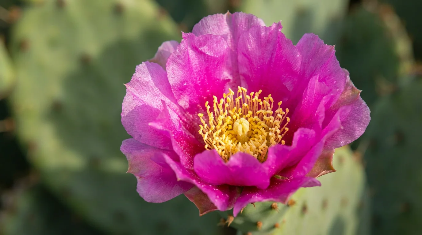 Macro photograph of a vibrant pink prickly pear cactus flower in the morning light.