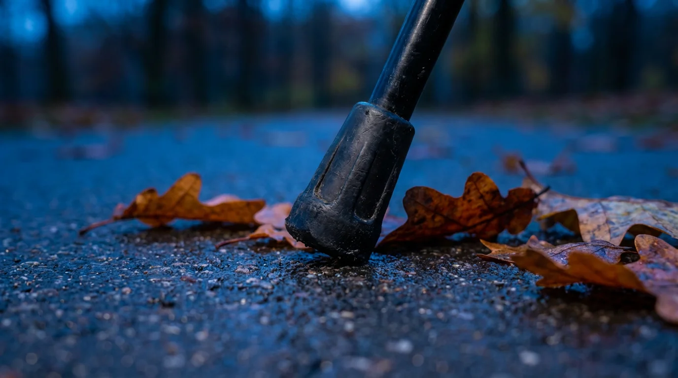 Macro photograph of a walking pole's rubber tip on a damp paved path at dusk.
