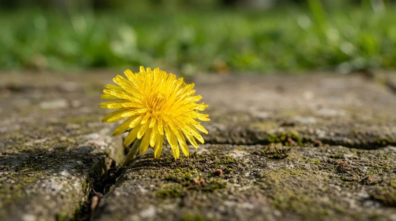 Macro photograph of a yellow dandelion with dew drops growing from a park walkway.