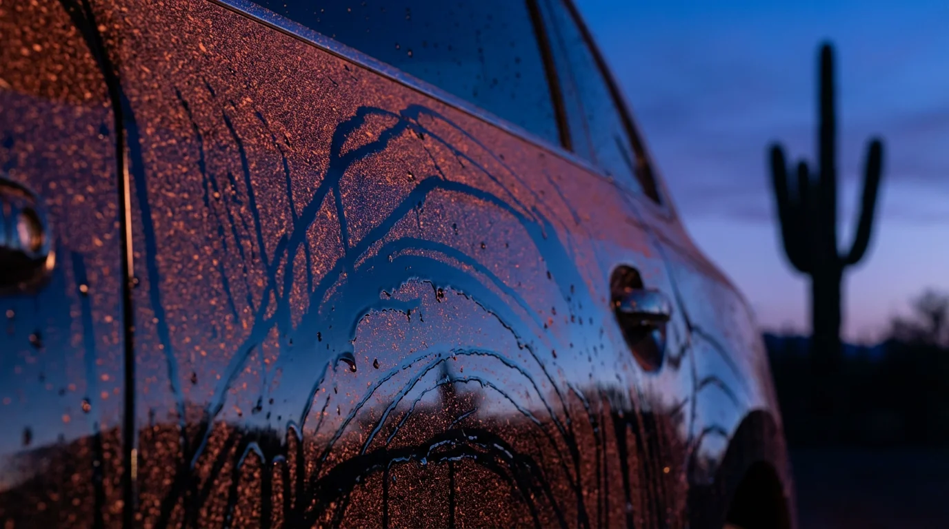 Macro photograph of red desert dust and water streaks on the side of a car.