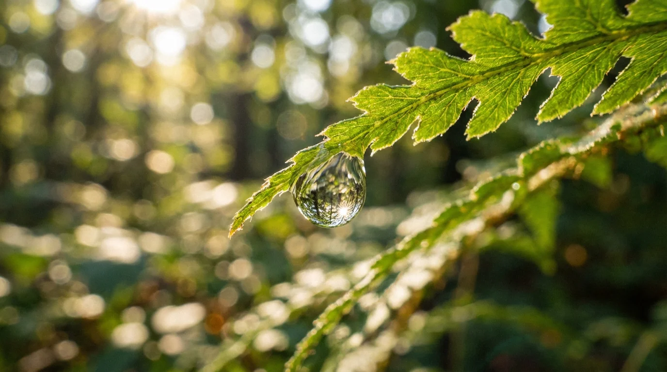 Macro shot of a dewdrop on a green fern leaf in morning light.