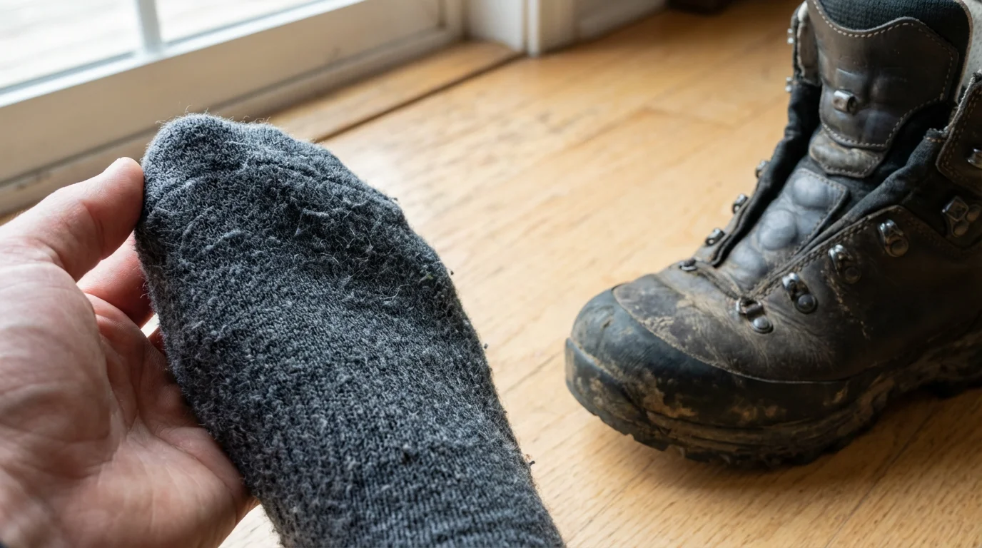 Macro shot of a thick merino wool sock and a waterproof winter hiking boot.