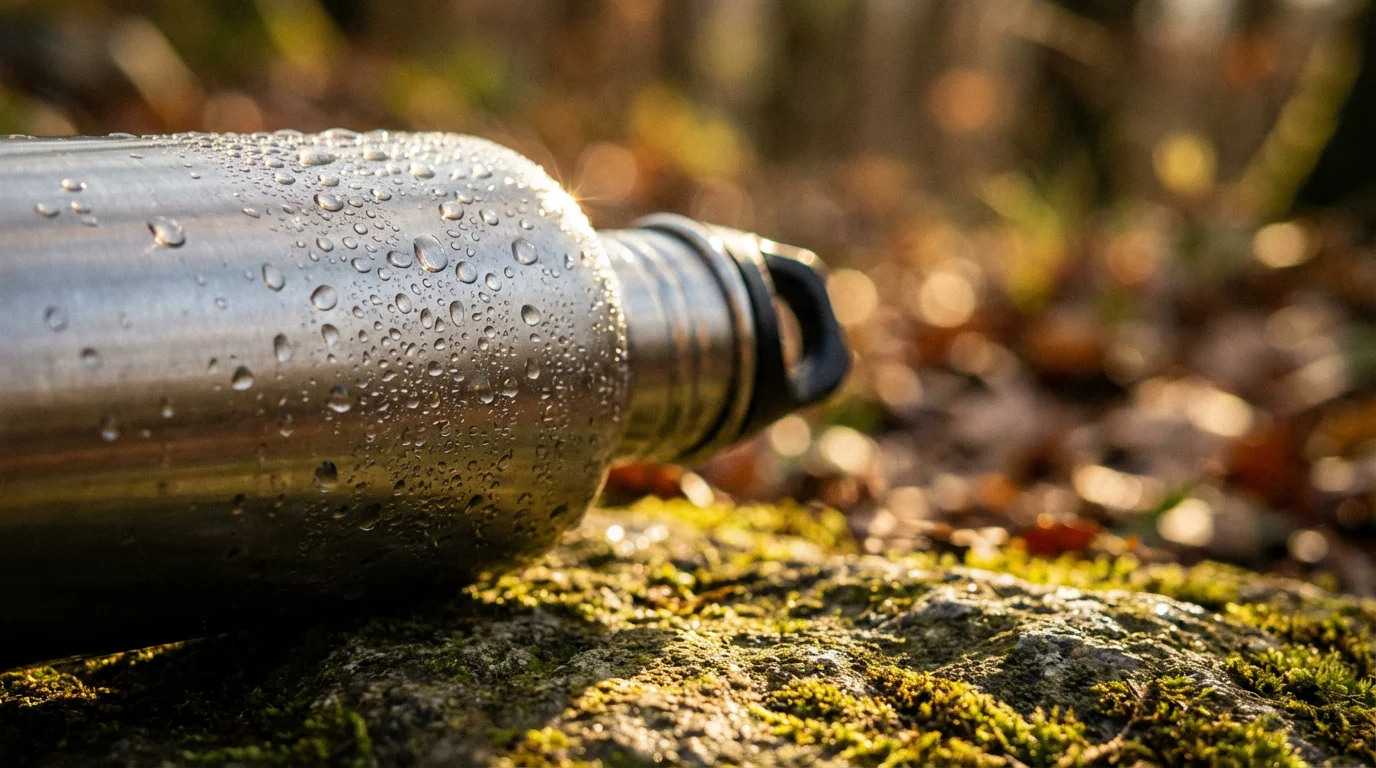 Macro shot of condensation on a water bottle resting on a rock during golden hour.