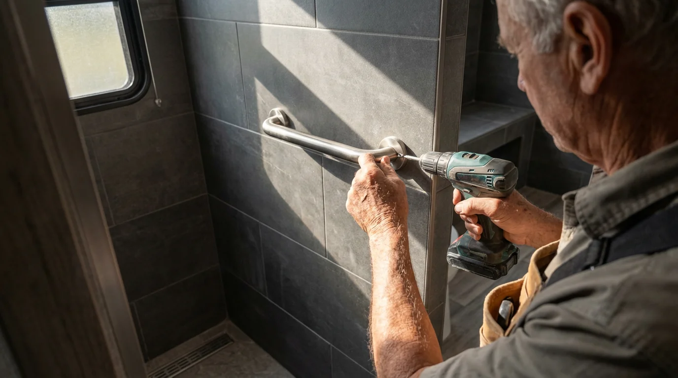 Man installing a metal safety grab bar in a modern, accessible RV roll-in shower.