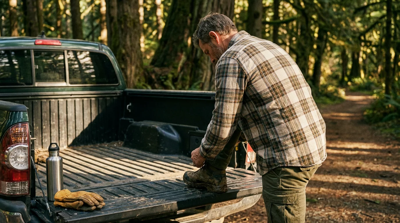 Man sitting on a truck tailgate tying his hiking boot before volunteering outdoors.