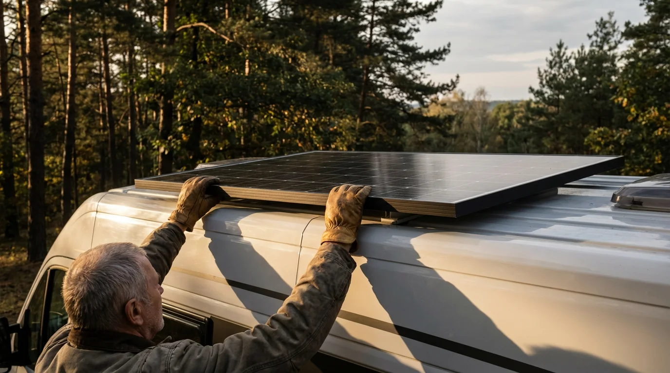 Man's hands installing a large solar panel on an RV roof at sunset.