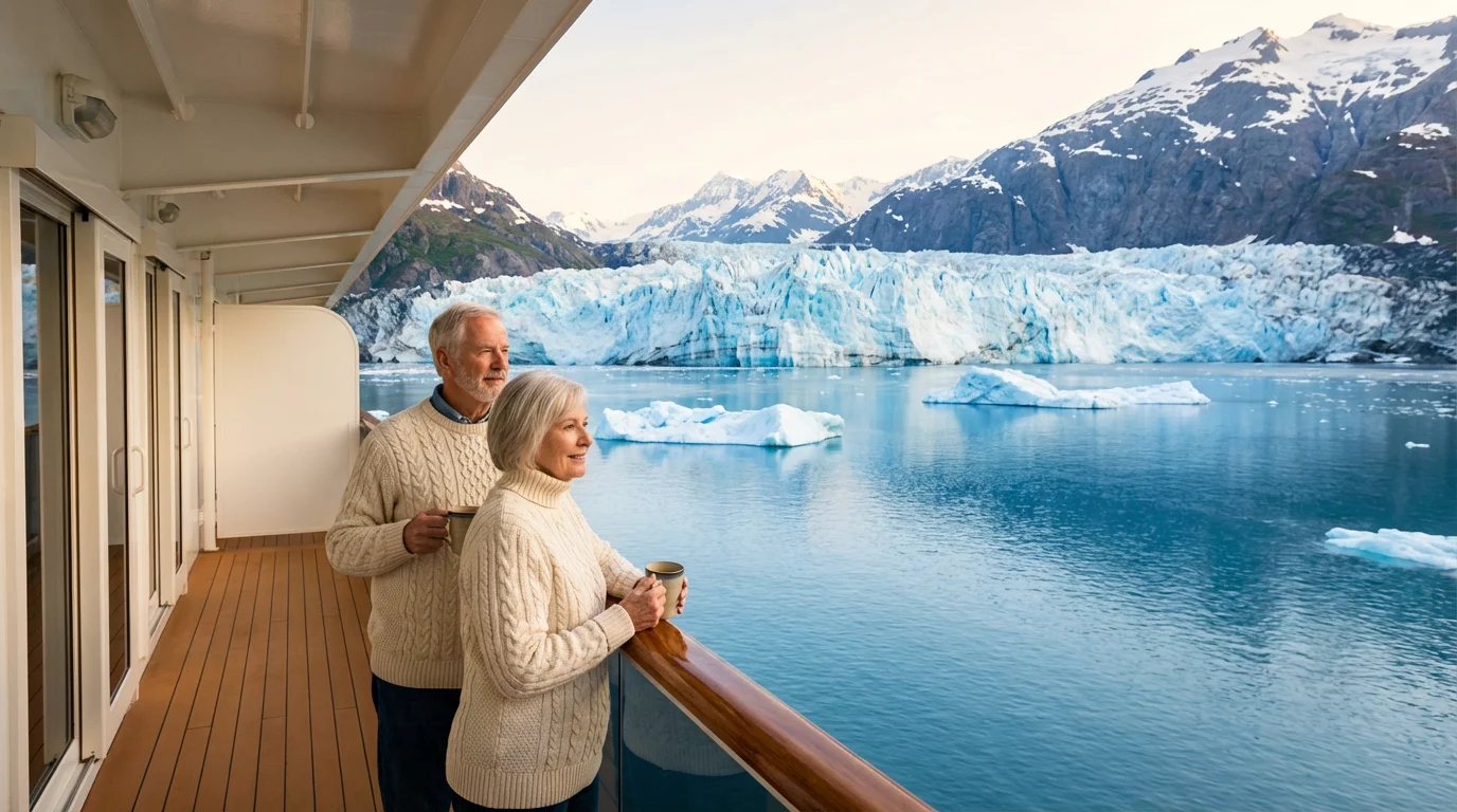 Mature couple on a cruise ship balcony watching a majestic Alaskan glacier at sunrise.