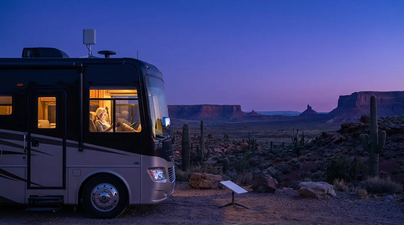 Modern RV with satellite and cellular antennas in a desert at twilight.