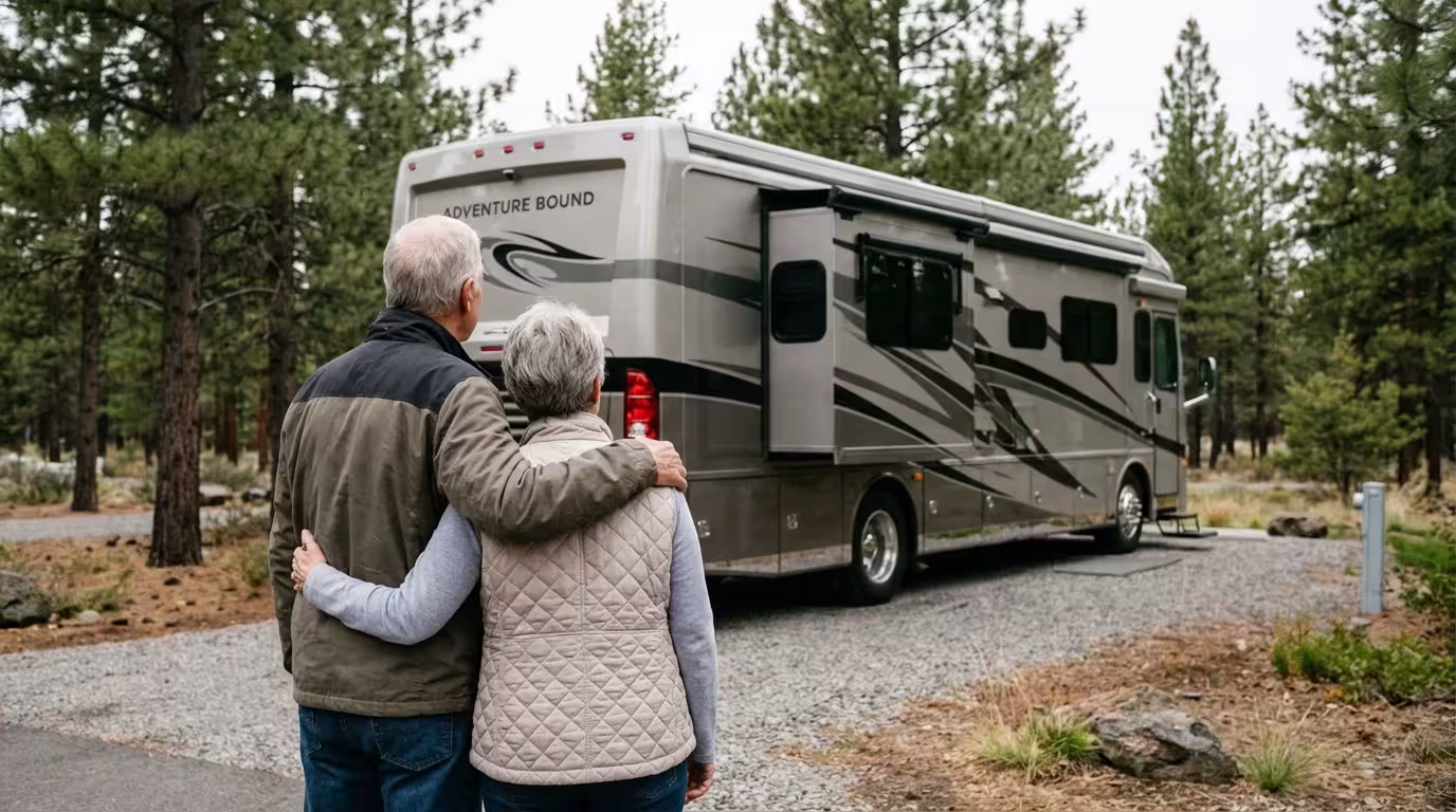 Over-the-shoulder shot of a senior couple admiring their modern RV at a scenic campsite.