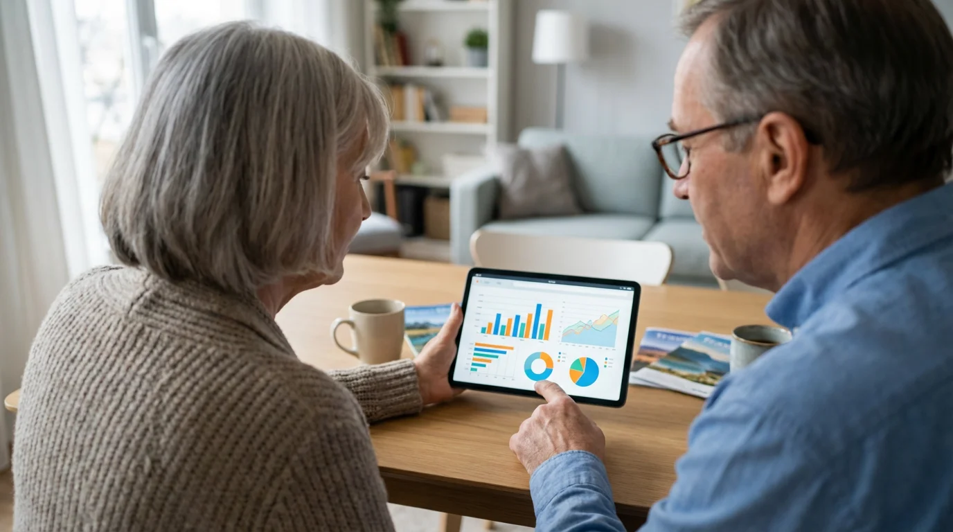 Over-the-shoulder shot of a senior couple comparing travel insurance policies on a tablet.