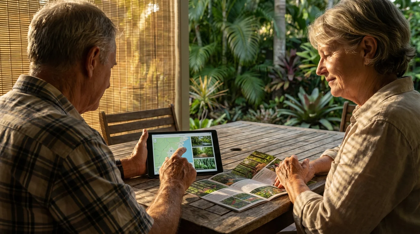 Over-the-shoulder shot of a senior couple planning a volunteer vacation with a tablet.