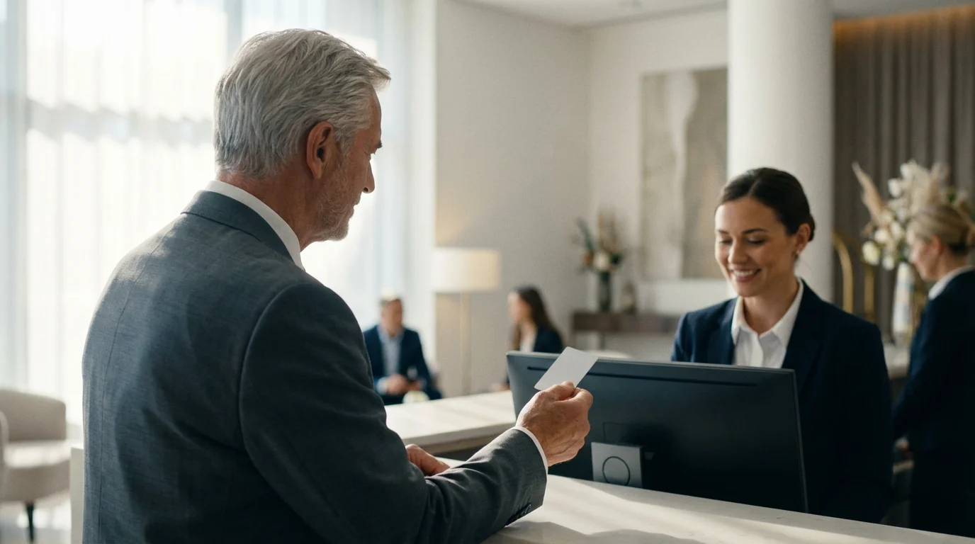 Over-the-shoulder shot of a senior man showing an ID card at a hotel reception desk.