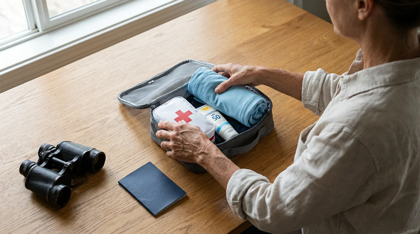 Over-the-shoulder shot of a senior woman packing essential items for a volunteer trip.