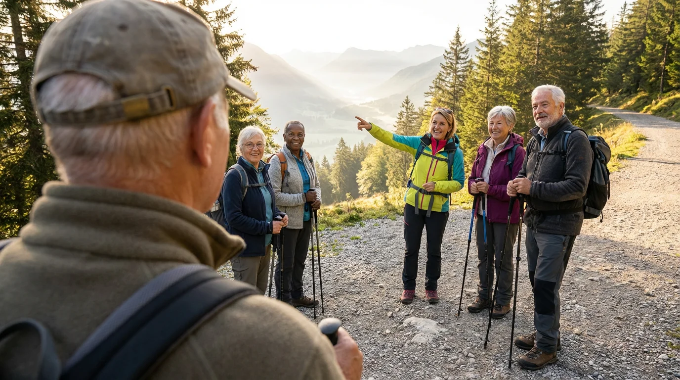 Over-the-shoulder view of a group of seniors on a guided hike at a scenic overlook.