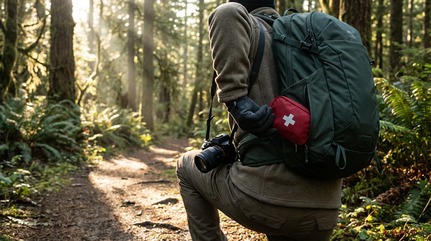 Over-the-shoulder view of a hiker retrieving a first-aid kit from their backpack on a forest trail.