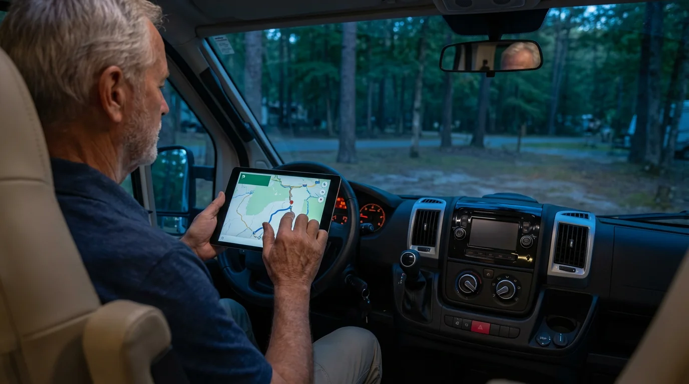 Over-the-shoulder view of a man in an RV cockpit planning a route on a tablet.