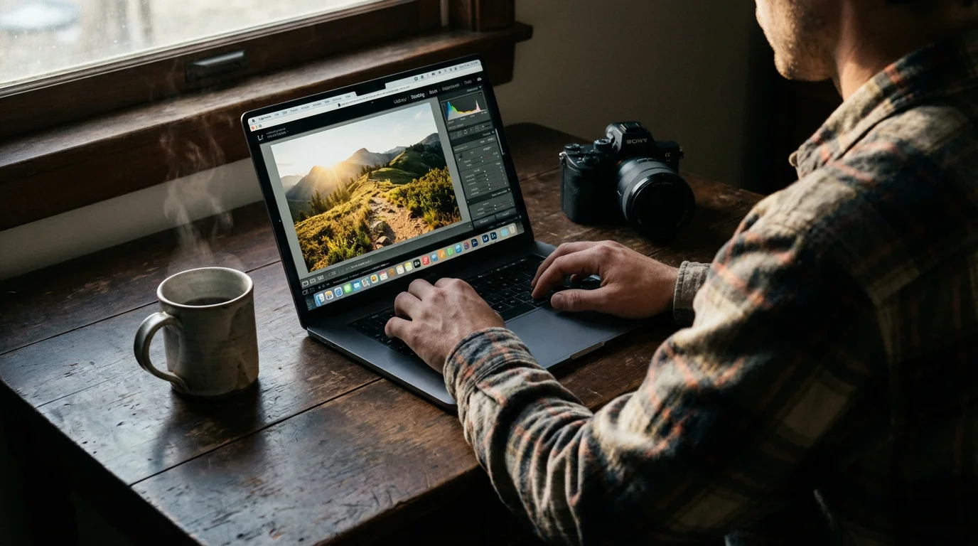 Over-the-shoulder view of a person editing a vibrant hiking photograph on a laptop.