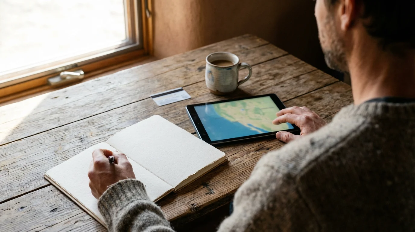 Over-the-shoulder view of a person planning a trip at a wooden table.