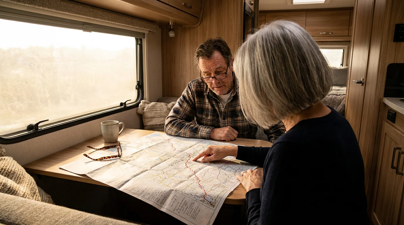 Over-the-shoulder view of a senior couple tracing a route on a paper map inside an RV.