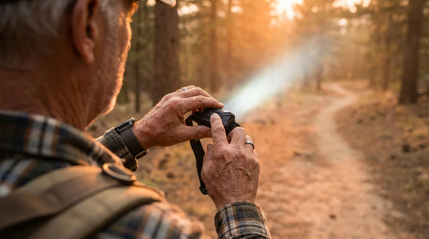 Over-the-shoulder view of a senior hiker holding a bright headlamp on a trail at sunset.