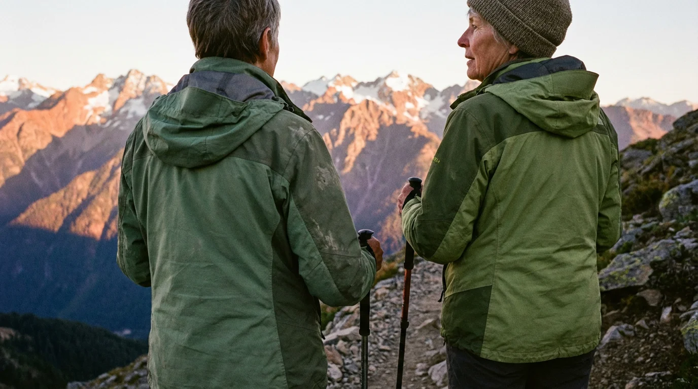 Over-the-shoulder view of a senior hiker looking at a vast mountain range vista.