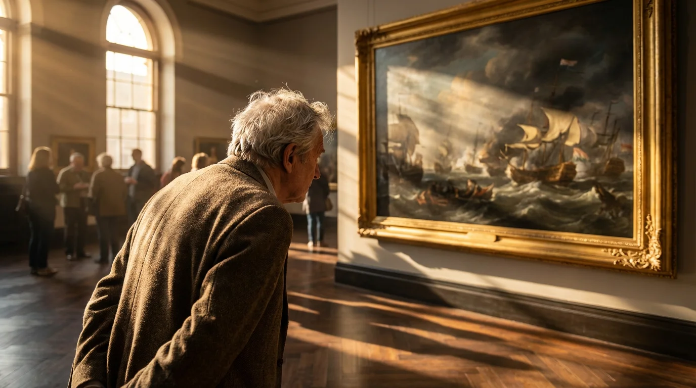 Over-the-shoulder view of a senior man admiring a large oil painting in a museum.