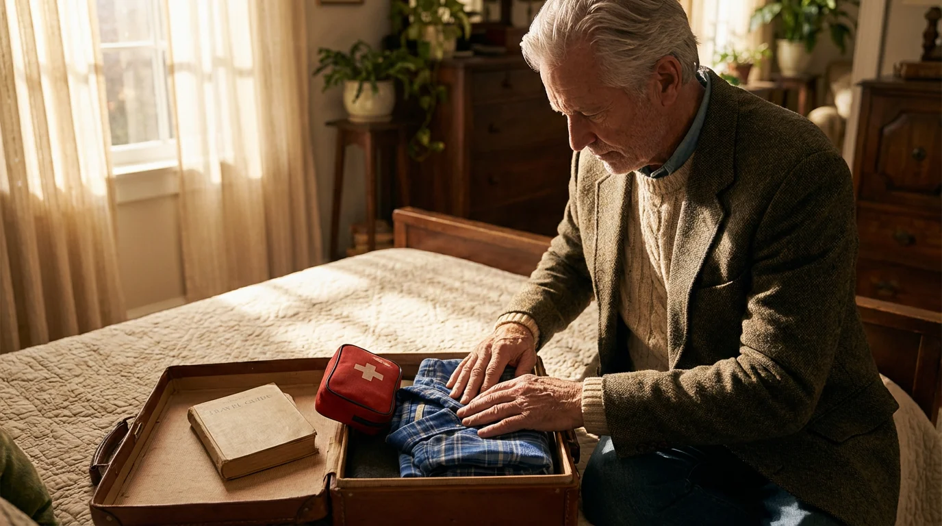 Over-the-shoulder view of a senior man carefully packing a suitcase in the afternoon sun.