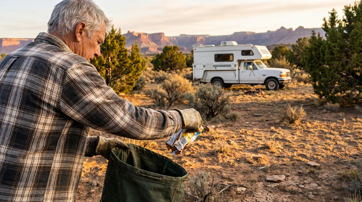 Over-the-shoulder view of a senior man cleaning a campsite at sunset.