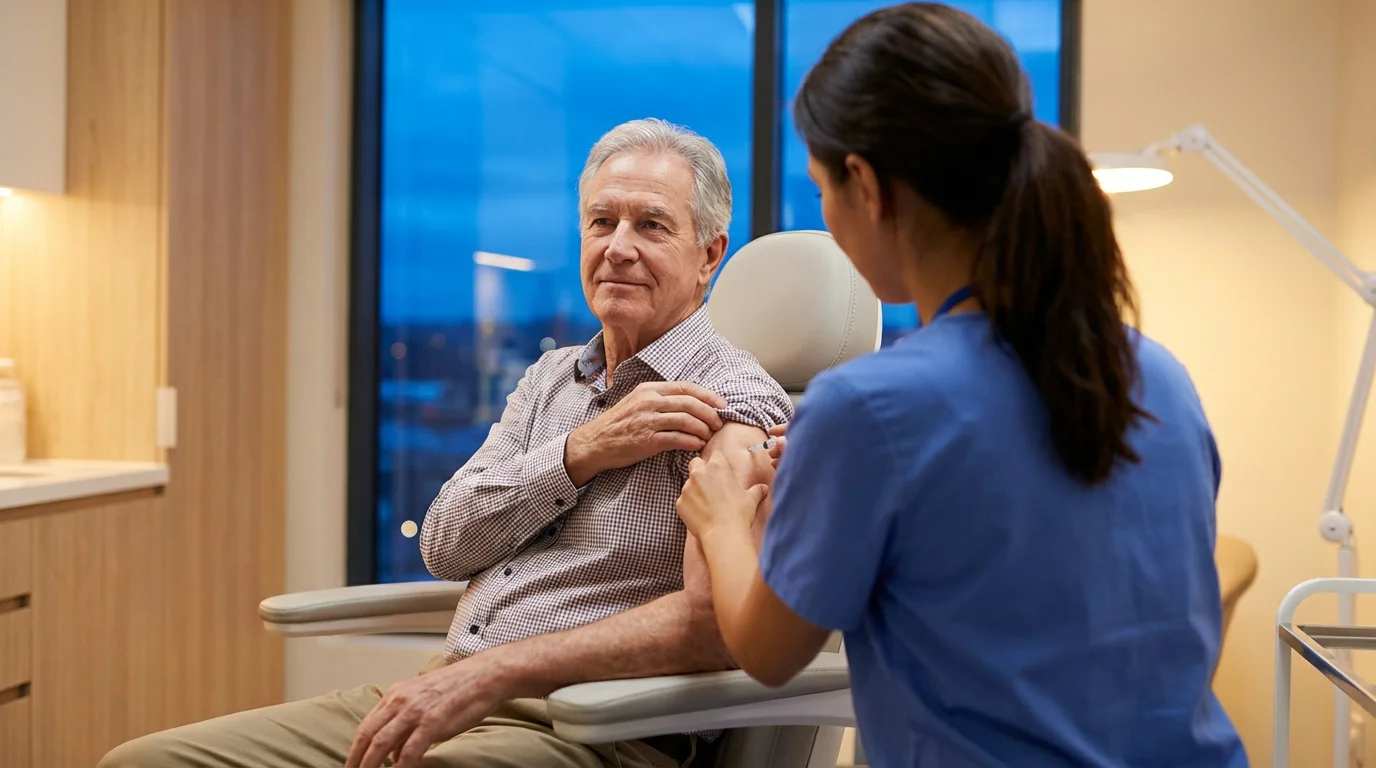 Over-the-shoulder view of a senior man getting a pre-travel vaccination from a health professional.