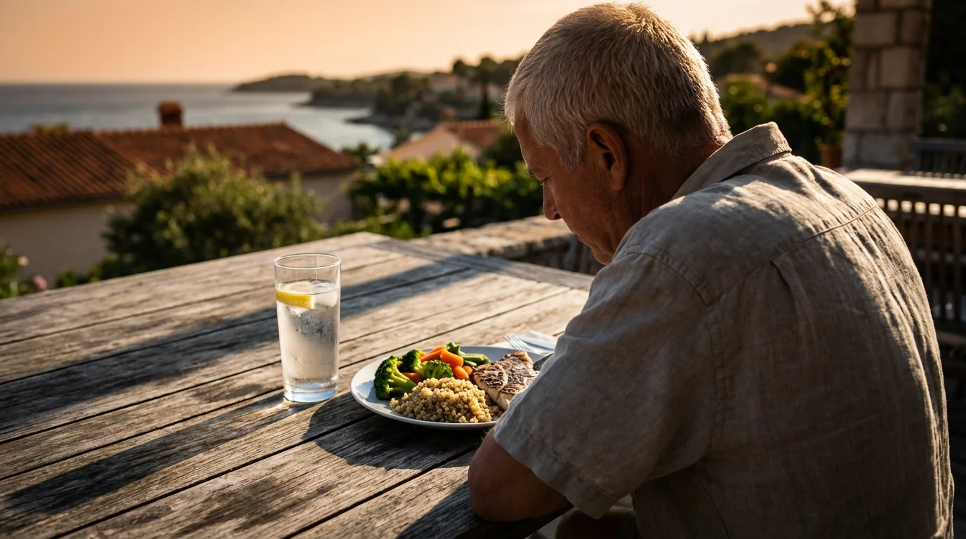 Over-the-shoulder view of a senior man looking at a healthy meal and water.